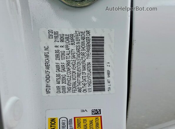 1HGCV1F31LA076784 2020 HONDA ACCORD White Շարժիչի բաժամունքի տեսք