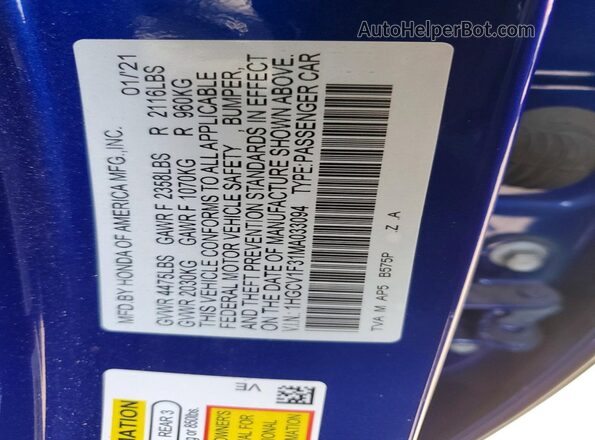 1HGCV1F31MA033094 2021 HONDA ACCORD Blue VIN sticker view