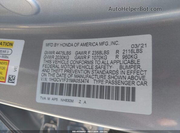 1HGCV1F31MA053474 2021 HONDA ACCORD Silver ძრავის განყოფილების ხედი