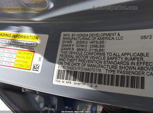 1HGCV1F31MA070176 2021 HONDA ACCORD Gray VIN կոդի պիտակի տեսք