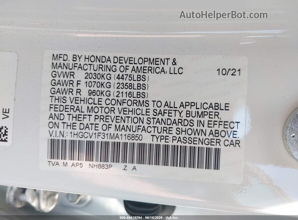1HGCV1F31MA116850 2021 HONDA ACCORD White Engine compartment view