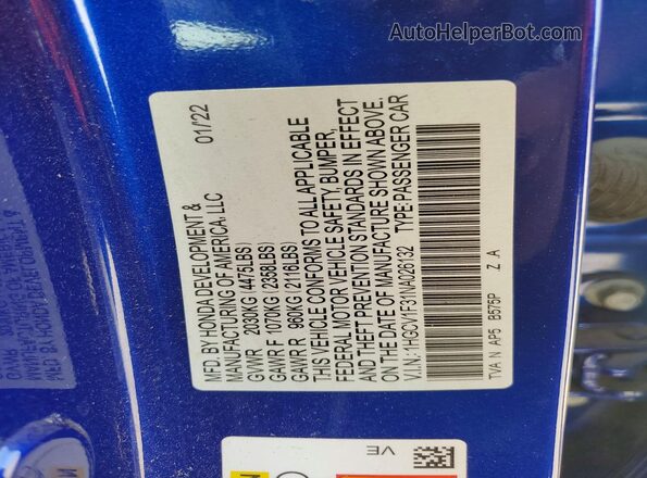 1HGCV1F31NA026132 2022 HONDA ACCORD Blue 