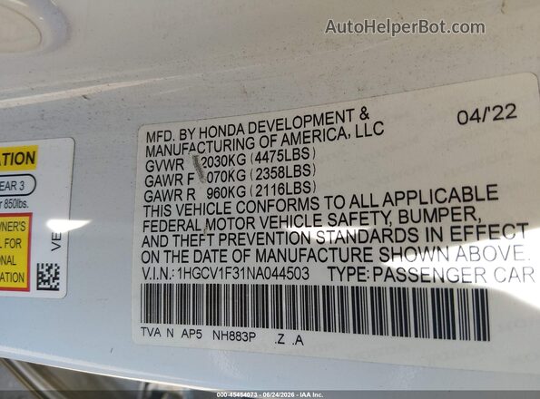 1HGCV1F31NA044503 2022 HONDA ACCORD White Вид підкапотного простору