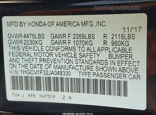 1HGCV1F32JA048330 2018 HONDA ACCORD Black Widok komory silnika