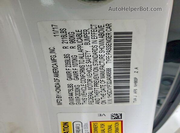 1HGCV1F32JA049588 2018 HONDA ACCORD White VIN sticker view