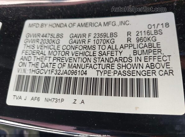 1HGCV1F32JA096104 2018 HONDA ACCORD Black Вид підкапотного простору