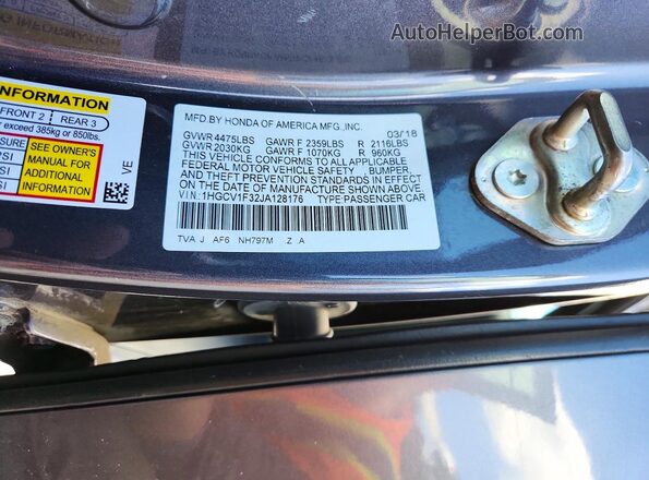 1HGCV1F32JA128176 2018 HONDA ACCORD Gray 