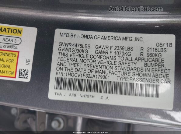 1HGCV1F32JA179001 2018 HONDA ACCORD Серый Вид подкапотного пространства