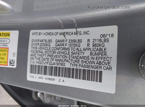 1HGCV1F32JA197952 2018 HONDA ACCORD Silver Շարժիչի բաժամունքի տեսք