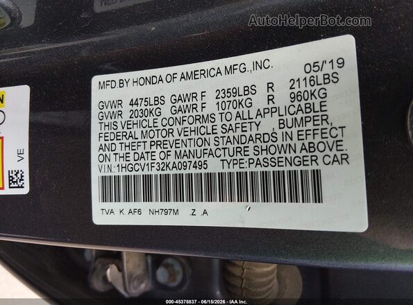 1HGCV1F32KA097495 2019 HONDA ACCORD Gray Widok komory silnika