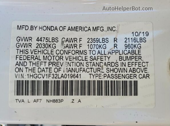 1HGCV1F32LA019641 2020 HONDA ACCORD White 