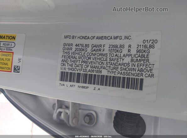 1HGCV1F32LA061856 2020 HONDA ACCORD White ძრავის განყოფილების ხედი
