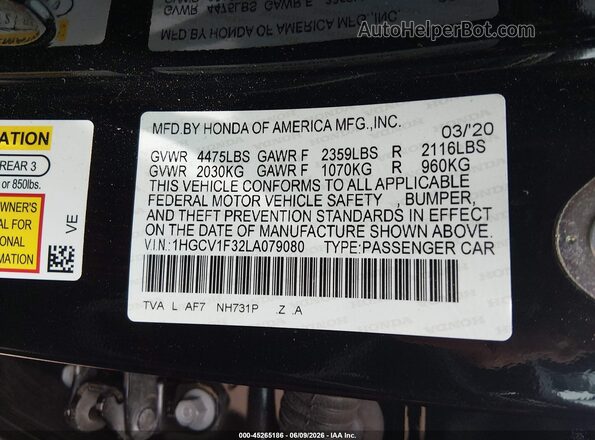 1HGCV1F32LA079080 2020 HONDA ACCORD Black 