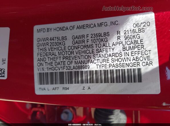 1HGCV1F32LA088989 2020 HONDA ACCORD Красный Вид подкапотного пространства