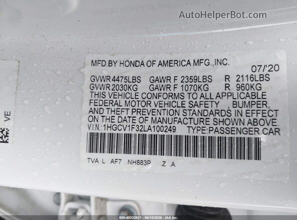 1HGCV1F32LA100249 2020 HONDA ACCORD White 