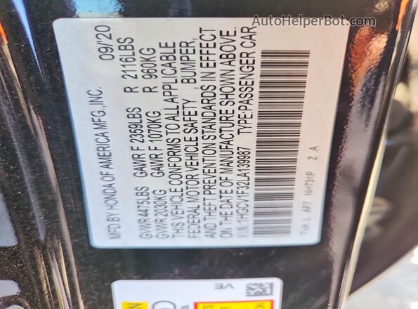 1HGCV1F32LA139987 2020 HONDA ACCORD Black Vista del compartimento del motor