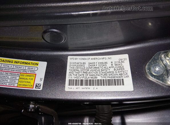 1HGCV1F32LA146289 2020 HONDA ACCORD Silver Շարժիչի բաժամունքի տեսք