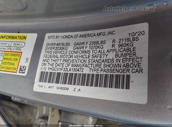 1HGCV1F32LA150472 2020 HONDA ACCORD Silver Widok komory silnika