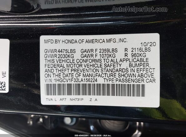 1HGCV1F32LA156224 2020 HONDA ACCORD Black ძრავის განყოფილების ხედი