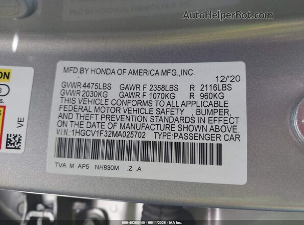 1HGCV1F32MA025702 2021 HONDA ACCORD Silver Vista del compartimento del motor