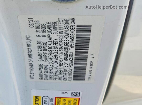 1HGCV1F32MA055363 2021 HONDA ACCORD White VIN კოდის სტიკერის ხედი