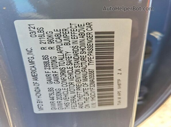 1HGCV1F32MA055587 2021 HONDA ACCORD Gray 