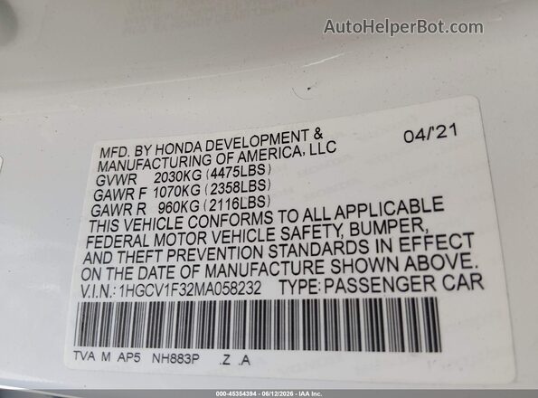 1HGCV1F32MA058232 2021 HONDA ACCORD White Engine compartment view
