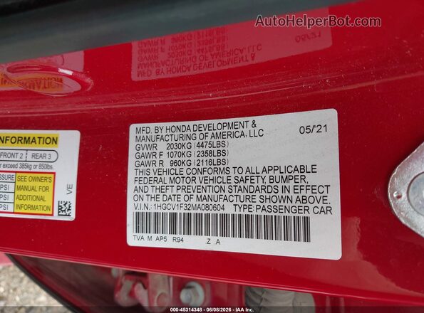 1HGCV1F32MA080604 2021 HONDA ACCORD Red Vista del compartimento del motor