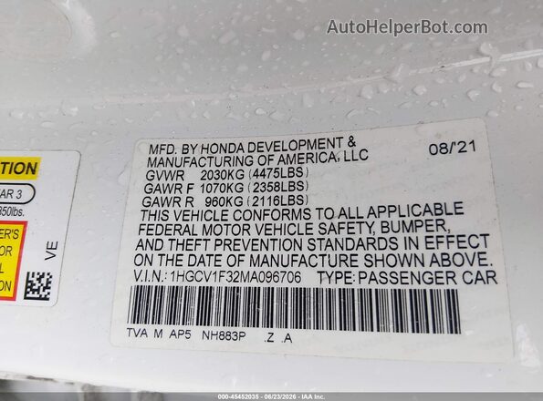 1HGCV1F32MA096706 2021 HONDA ACCORD White Widok komory silnika