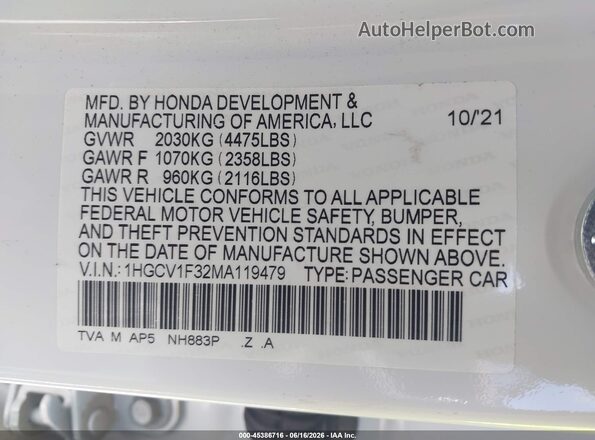 1HGCV1F32MA119479 2021 HONDA ACCORD White Շարժիչի բաժամունքի տեսք