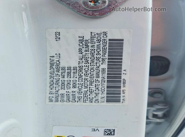 1HGCV1F32NA116566 2022 HONDA ACCORD Белый Вид наклейки с VIN-кодом