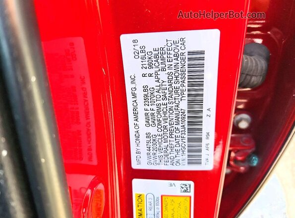 1HGCV1F33JA109247 2018 HONDA ACCORD Red Շարժիչի բաժամունքի տեսք