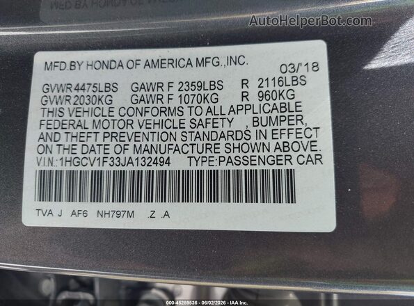 1HGCV1F33JA132494 2018 HONDA ACCORD Gray 