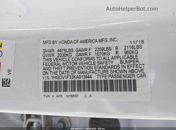 1HGCV1F33KA013944 2019 HONDA ACCORD White Вид підкапотного простору