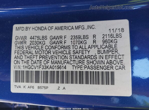 1HGCV1F33KA015614 2019 HONDA ACCORD Blue Вид підкапотного простору
