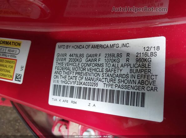1HGCV1F33KA033255 2019 HONDA ACCORD Red Widok komory silnika