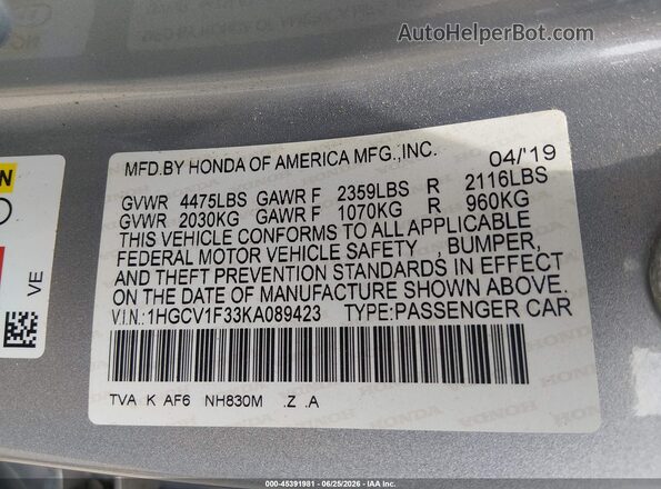 1HGCV1F33KA089423 2019 HONDA ACCORD Silver ძრავის განყოფილების ხედი