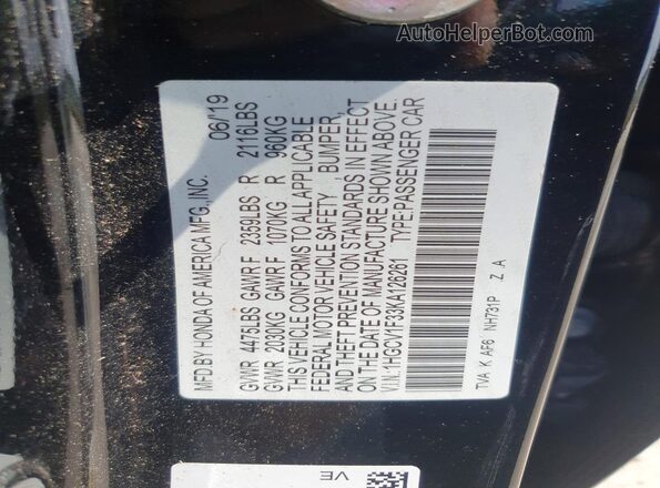 1HGCV1F33KA126261 2019 HONDA ACCORD Черный Вид наклейки с VIN-кодом