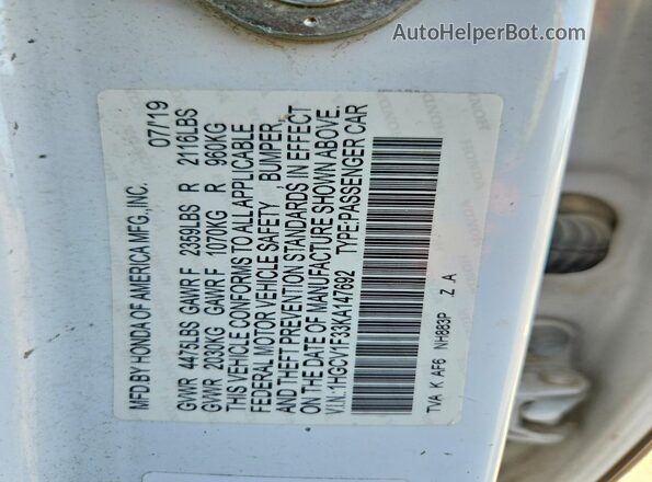 1HGCV1F33KA147692 2019 HONDA ACCORD White Вид підкапотного простору