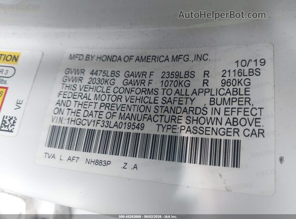 1HGCV1F33LA019549 2020 HONDA ACCORD White 