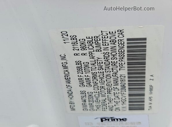 1HGCV1F33MA016121 2021 HONDA ACCORD White Շարժիչի բաժամունքի տեսք