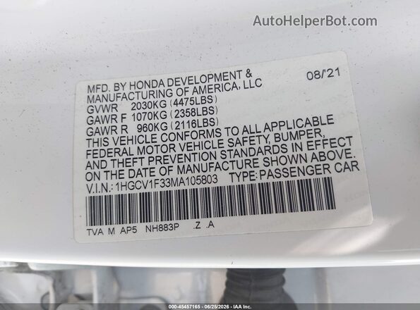 1HGCV1F33MA105803 2021 HONDA ACCORD White Vista del compartimento del motor