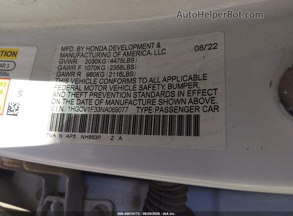 1HGCV1F33NA069077 2022 HONDA ACCORD White Widok komory silnika