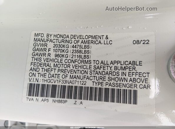 1HGCV1F33NA071122 2022 HONDA ACCORD White Vista del compartimento del motor