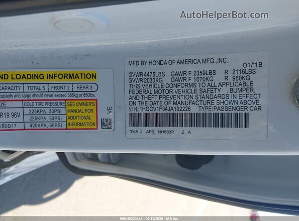 1HGCV1F34JA102226 2018 HONDA ACCORD White Շարժիչի բաժամունքի տեսք