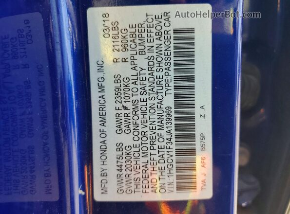 1HGCV1F34JA139969 2018 HONDA ACCORD Blue Вид підкапотного простору