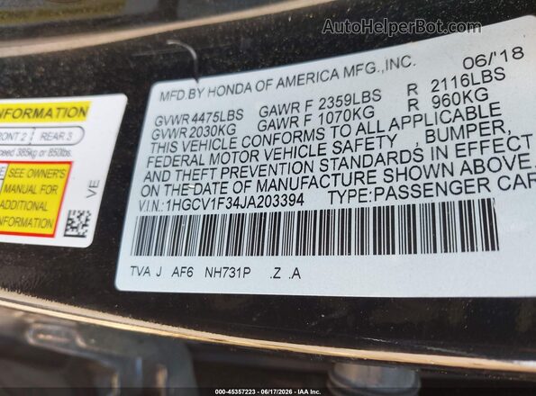 1HGCV1F34JA203394 2018 HONDA ACCORD Black Вид підкапотного простору