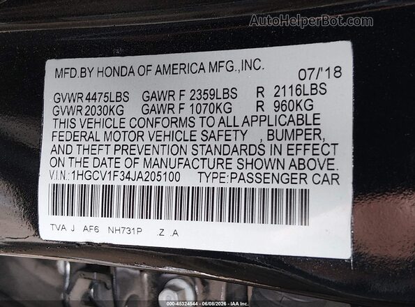 1HGCV1F34JA205100 2018 HONDA ACCORD Black 