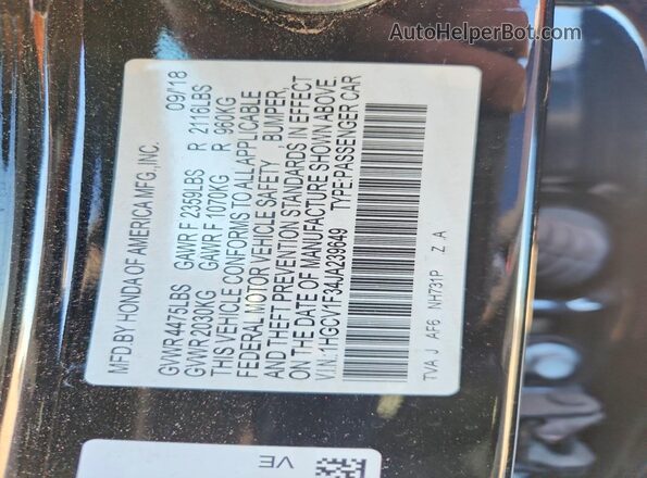 1HGCV1F34JA239649 2018 HONDA ACCORD Black ძრავის განყოფილების ხედი