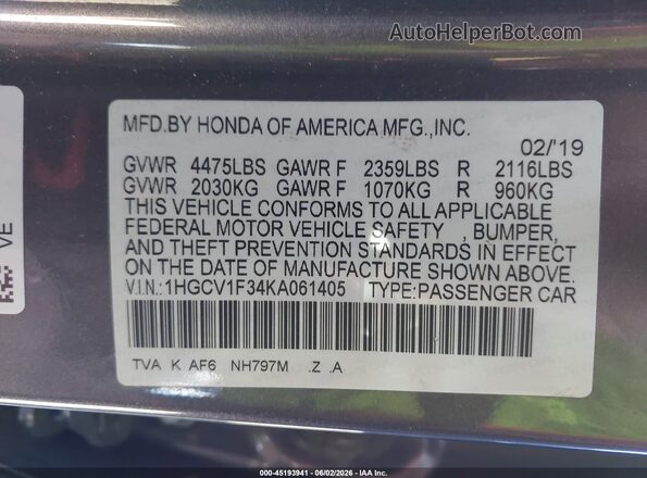 1HGCV1F34KA061405 2019 HONDA ACCORD Gray ძრავის განყოფილების ხედი